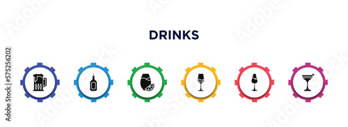 drinks filled icons with infographic template. glyph icons such as brewery, rum, fruit juice, glass with wine, wine toast, flirtini vector.