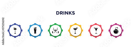 drinks filled icons with infographic template. glyph icons such as sidecar drink, pint of beer, picnic table, daiquiri, margarita, coconut drink vector.