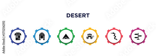 desert filled icons with infographic template. glyph icons such as salon, pharaoh, tepee, carriage, crotalus, directional vector.
