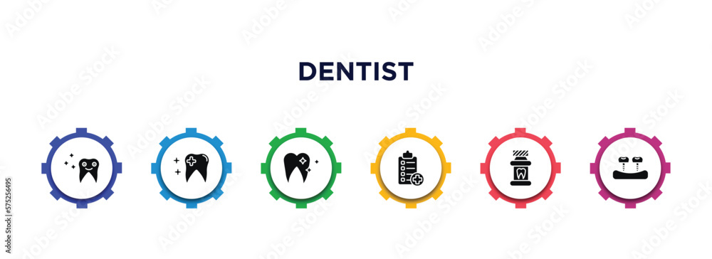 dentist filled icons with infographic template. glyph icons such as shiny tooth, healthy tooth, clean tooth, medical list, mouth wash, fake vector. dentist filled icons with infographic template. glyph icons such as shiny tooth, healthy tooth, clean tooth, medical list, mouth wash, fake vector.