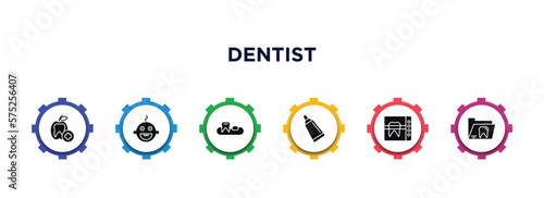 dentist filled icons with infographic template. glyph icons such as dentist, baby dental, partial denture, toothpaste tube, radiograph, dental folder vector.