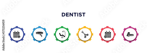 dentist filled icons with infographic template. glyph icons such as dental appointment, dental veneer, dental chair, dentist scissors, medical appointment, denture vector.