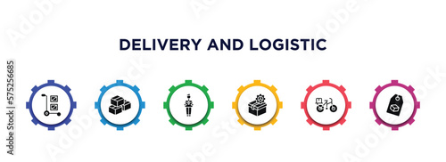 delivery and logistic filled icons with infographic template. glyph icons such as cargo, freight, delivery man, supply chain, delivery by bike, tag vector.