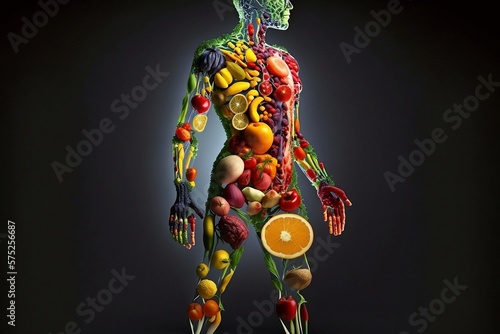 Silhouette of a Human Body Made of Fruits and Vegetables Against a Black Background, Created by Generative AI Technology