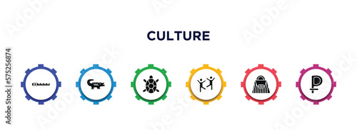 culture filled icons with infographic template. glyph icons such as native american flute, australian alligator, surfing a sea turtle, capoeira brazil dancers, crocodile leather bag, ruble vector.