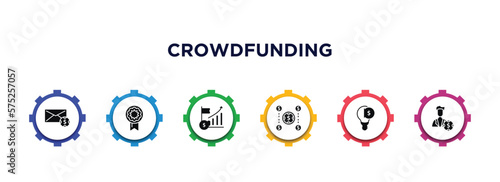 crowdfunding filled icons with infographic template. glyph icons such as mailing, reward, ipo, crowdfunding, equity, tester vector.