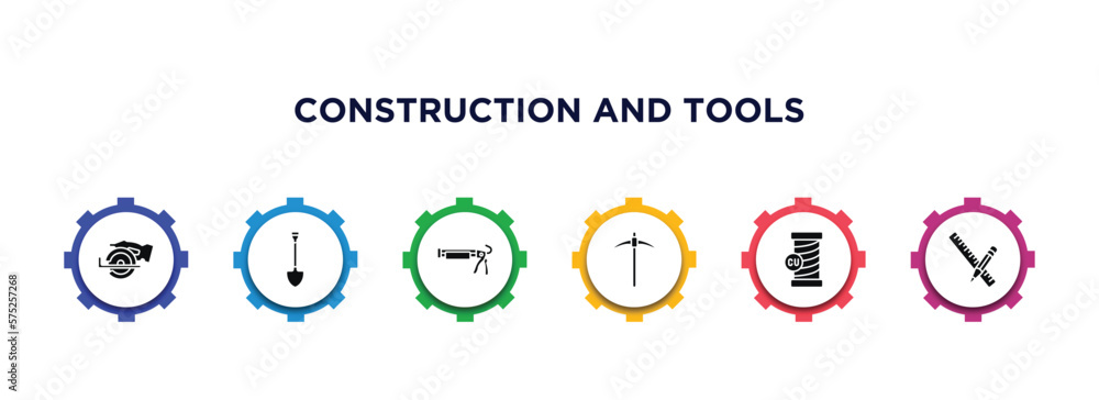 construction and tools filled icons with infographic template. glyph icons such as chop saw, spade, caulk gun, pickaxe, copper, pencil and ruler vector. construction and tools filled icons with infographic template. glyph icons such as chop saw, spade, caulk gun, pickaxe, copper, pencil and ruler vector.