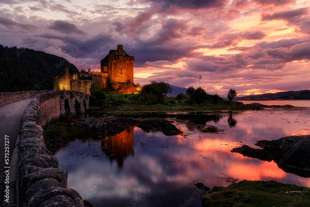Sunset at Eilean Donan Castle, Highlands, Scotland.