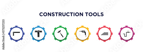 construction tools filled icons with infographic template. glyph icons such as school ruler, boning rod, sledge hammer, hand drill, brick wall, gas pipe vector.