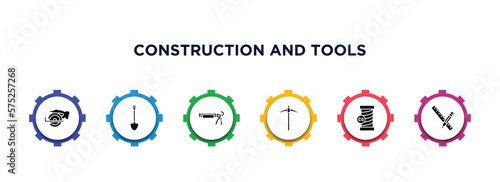 construction and tools filled icons with infographic template. glyph icons such as chop saw, spade, caulk gun, pickaxe, copper, pencil and ruler vector.