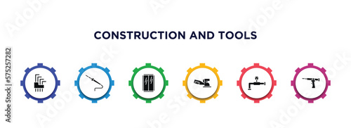 construction and tools filled icons with infographic template. glyph icons such as allen keys, solder, glass wall, sanding hine, relief valve, sealant gun vector.
