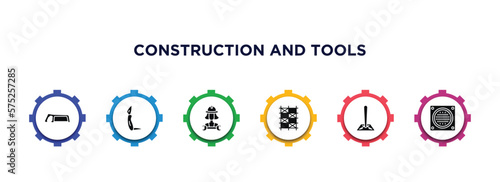 construction and tools filled icons with infographic template. glyph icons such as metal saw, jackknife, mechanic working, scaffolding, soil, drain vector.