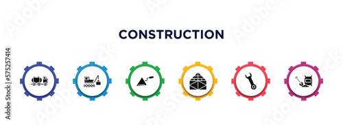 construction filled icons with infographic template. glyph icons such as tank truck, derrick with box, construction palette, joist, spanner, cement vector.