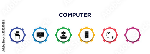 computer filled icons with infographic template. glyph icons such as restaurant app, school desk, computing code, online support, pc tower, study lamp vector.