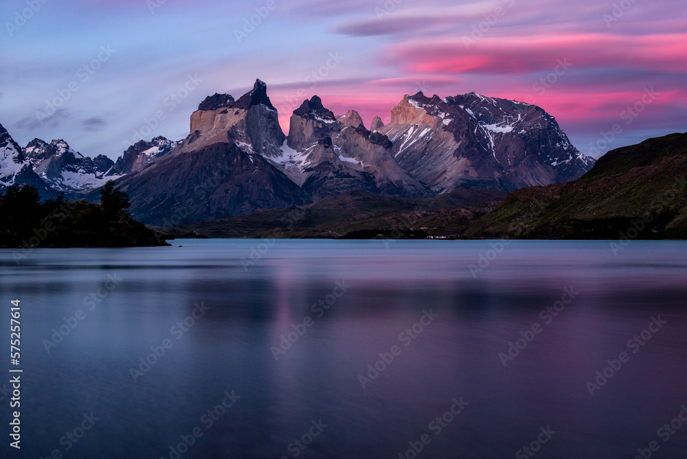 Lake Pehoe and mountains at sunset, Torres del Paine National Park, Patagonia, Chile Lake Pehoe and mountains at sunset, Torres del Paine National Park, Patagonia, Chile