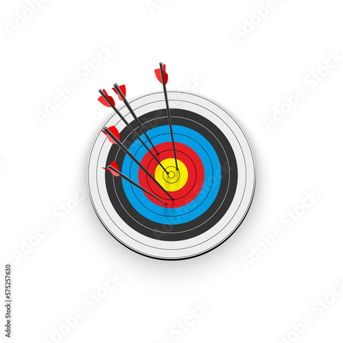 3d archery target with arrows, front view vector illustration. Realistic isolated round dartboard with yellow center bullseye, red, black and blue rings to hit with archers darts or arrows