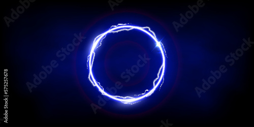 Magic blue ring of thunder storm blue lightnings. Magic and bright light effects electric circle. Round plasma frame with thunderbolt electricity lightning power effect on fog background