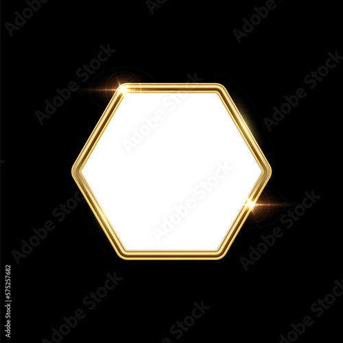 3d plate button of hexagon shape with golden frame vector illustration. Realistic isolated website element, golden glossy label for game UI, badge of navigation menu with shiny light effect on border