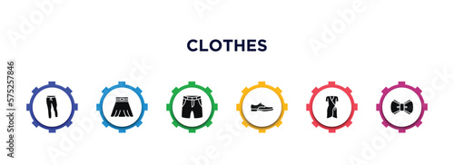 clothes filled icons with infographic template. glyph icons such as sweatpants, circle skirt, chino shorts, leather derby shoe, jersey wrap dress, bow tie vector.