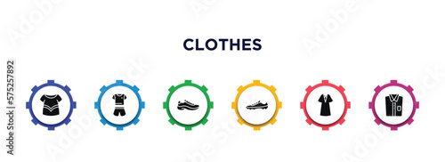 clothes filled icons with infographic template. glyph icons such as blouse, pijama, sneaker, soccer shoe, kaftan, chemise vector.