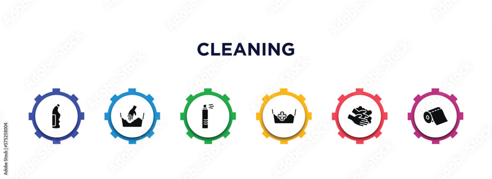 cleaning filled icons with infographic template. glyph icons such as bleach, delicate, air freshener, cold water, hands, paper roll vector. cleaning filled icons with infographic template. glyph icons such as bleach, delicate, air freshener, cold water, hands, paper roll vector.