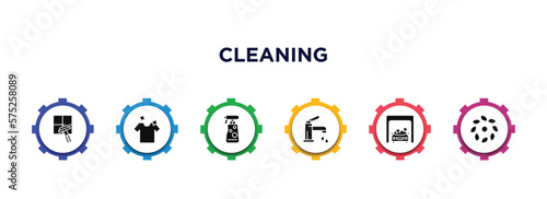 cleaning filled icons with infographic template. glyph icons such as clean window, clean clothes, perfume cleanin, faucet cleanin, clean cars, leaves vector.