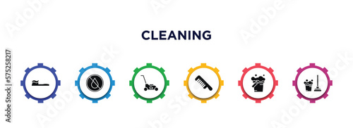 cleaning filled icons with infographic template. glyph icons such as toothpaste cleanin, no water cleanin, lawn mower, comb cleanin, bucket mop vector.