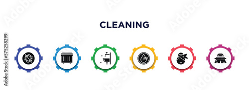 cleaning filled icons with infographic template. glyph icons such as virus cleanin, wiping trash container, sink cleanin, dry, wiping woman head, brush cleanin vector.