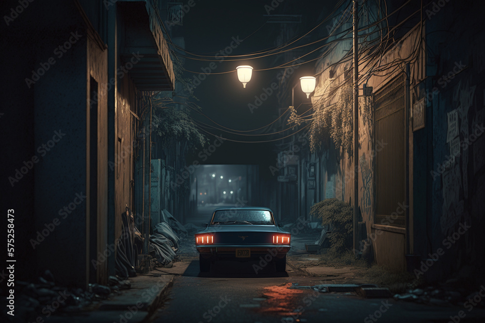 Generative AI - Night shot of a back alley in 1990s Generative AI - Night shot of a back alley in 1990s
