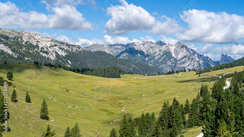Prato Piazza. Dolomites, Italy. A perspective of the ground's colors and shapes. Relaxing context. Traditional Alpine or Dolomites landscape. Amazing view of the hills and the mountains