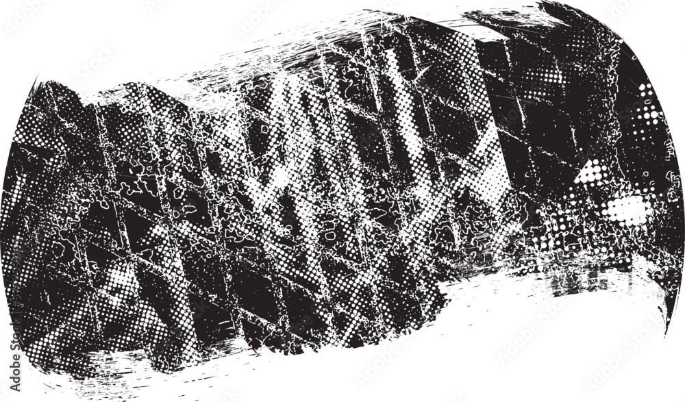 Obraz premium Glitch distorted grungy banner . Noise destroyed background . Trendy defect overlay texture . Glitched collage .Grunge textured . Distressed effect .Vector shape. halftone dots . Screen print texture