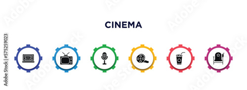 cinema filled icons with infographic template. glyph icons such as buy tickets online, television with antenna, movie microphone, big film roll, papper cup with straw, cinema chair vector.