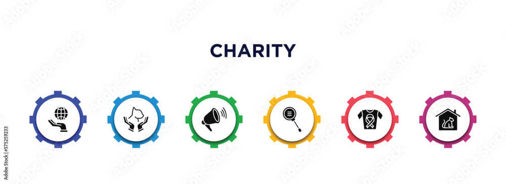charity filled icons with infographic template. glyph icons such as enviromental protection, animal rights, loudspeaker, research, clothes donation, animal shelter vector. charity filled icons with infographic template. glyph icons such as enviromental protection, animal rights, loudspeaker, research, clothes donation, animal shelter vector.