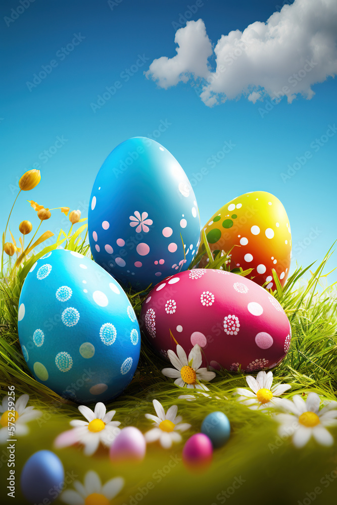 Colorful easter eggs in a grass. Easter decoration, banner, background. AI	