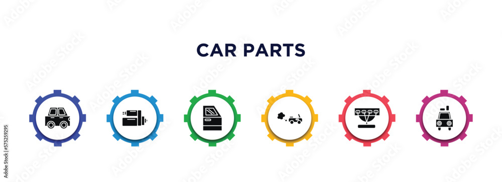 car parts filled icons with infographic template. glyph icons such as car hard top, car starter, trim, tailpipe, manifold, luggage rack vector. car parts filled icons with infographic template. glyph icons such as car hard top, car starter, trim, tailpipe, manifold, luggage rack vector.