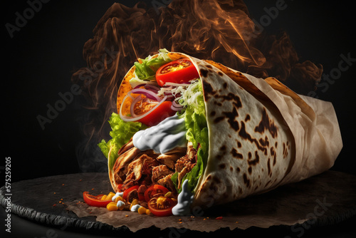 Shawarma, spicy burrito wrap with vegetables and chicken. AI	 photo