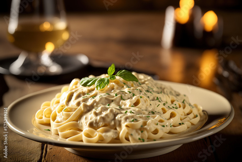 Pasta fettucine alfredo served on plate in restaurant. AI 