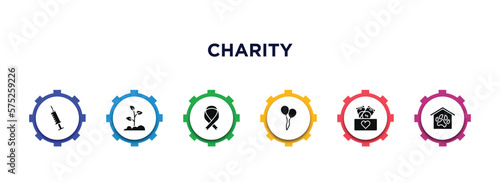charity filled icons with infographic template. glyph icons such as vaccine, reforestation, awareness, ballons, cash box, shelter vector.