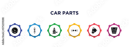 car parts filled icons with infographic template. glyph icons such as car fuel gauge, car coil, choke, parking light, fan belt, fascia (british) vector.