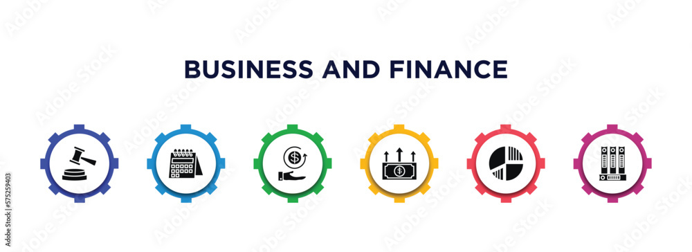 business and finance filled icons with infographic template. glyph icons such as trial hammer, wall calendar, money back, spending, data circular chart, binder vector. business and finance filled icons with infographic template. glyph icons such as trial hammer, wall calendar, money back, spending, data circular chart, binder vector.