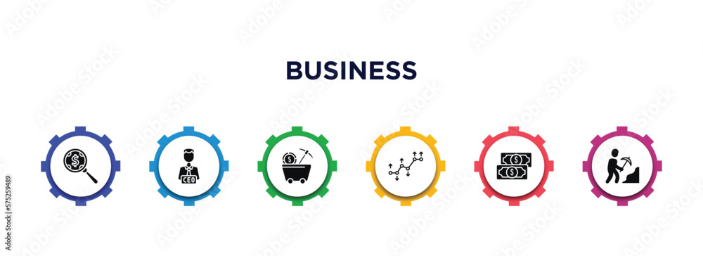 business filled icons with infographic template. glyph icons such as money searcher, chief executive officer, proof of work, value pointer, american dollar bill, worker digging a hole vector. business filled icons with infographic template. glyph icons such as money searcher, chief executive officer, proof of work, value pointer, american dollar bill, worker digging a hole vector.