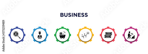business filled icons with infographic template. glyph icons such as money searcher, chief executive officer, proof of work, value pointer, american dollar bill, worker digging a hole vector.
