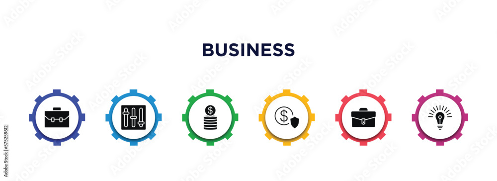 business filled icons with infographic template. glyph icons such as rectangular briefcase, tones, dollar coins stack, safe money, business briefcase, round light bulb vector. business filled icons with infographic template. glyph icons such as rectangular briefcase, tones, dollar coins stack, safe money, business briefcase, round light bulb vector.
