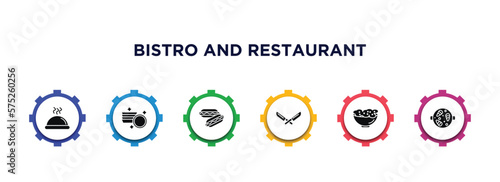 bistro and restaurant filled icons with infographic template. glyph icons such as tray and cover, round plate, hot dog with ketchup, big knife, appetizers bowl, paella with parwns vector.
