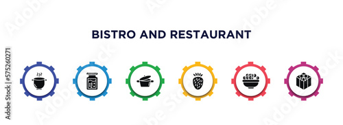 bistro and restaurant filled icons with infographic template. glyph icons such as boiling water pan, jar full of food, bistro pot, strawberry drawing, bowl of olives, cake box vector.