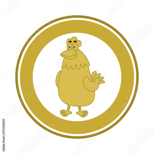 Golden chicken in a circular panel on a white background