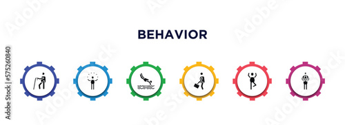 behavior filled icons with infographic template. glyph icons such as blindman with cane, circus man, headfirst to water, going to work, yoga position, piggyback a kid vector.