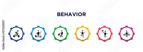behavior filled icons with infographic template. glyph icons such as man cycling, cleaner man, carry garbage, stick man excersicing, stick speech, engineer working vector.