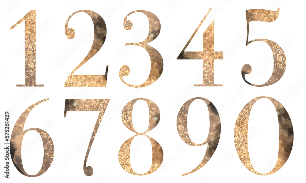 Set of gold numbers, isolated illustration on white background, for wedding monogram, greeting cards, logo Set of gold numbers, isolated illustration on white background, for wedding monogram, greeting cards, logo