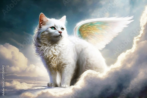 A cat with wings in the sky  symbolizing a life after death. Generative AI